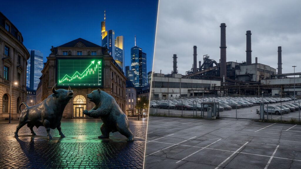 Bronzene Bulle- und Bär-Statuen vor einem historischen Frankfurter Börsengebäude in der Abenddämmerung, mit einem steigenden grünen Kurschart auf einer großen Leinwand, daneben ein stillliegendes Stahlwerk und ein umzäunter Werksparkplatz an einem grauen Tag