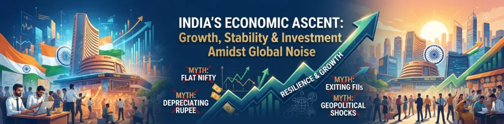 Banner: India's economic ascent, with growth, stability and investment shown against myths about a flat Nifty, a depreciating rupee, exiting FIIs and geopolitical shocks