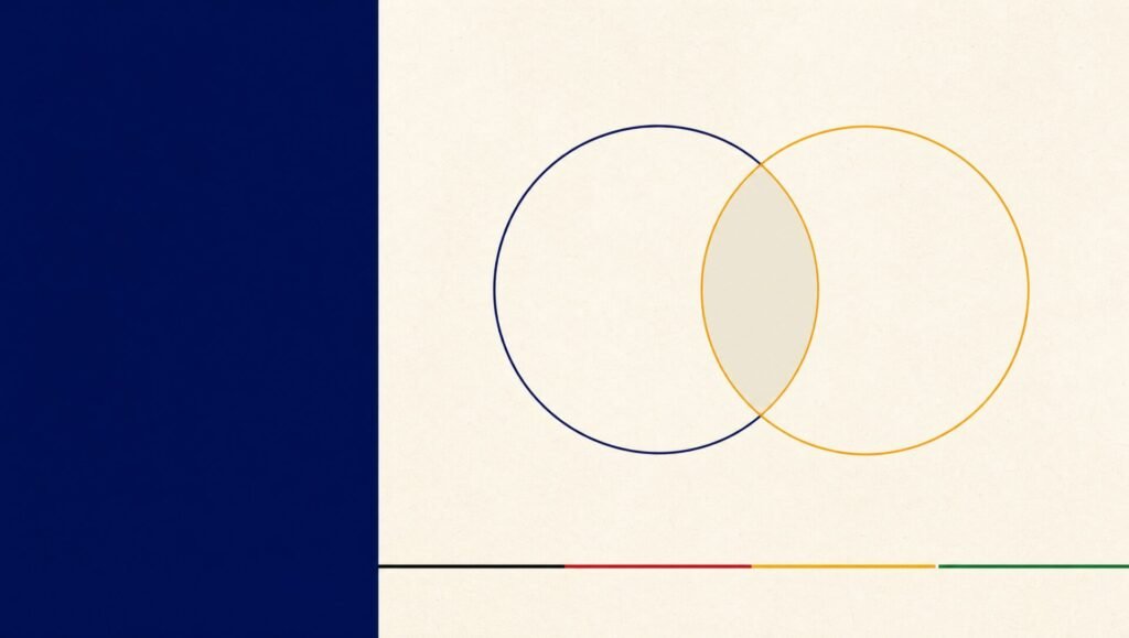 Abstract illustration: two overlapping circles in navy and saffron above a black, red and gold rule